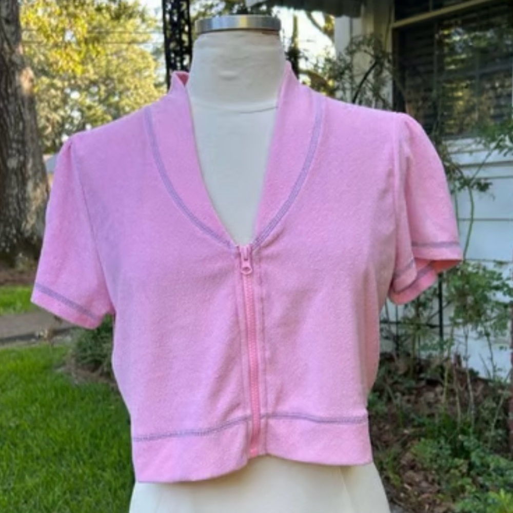Cropped Sweater Top - Pink & Purple Stitching - L/XL - Dolls Kill  - Terry Cloth